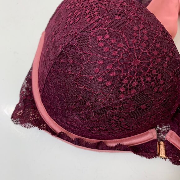 PINK Date Push-up  Burgundy Lace Front Close Underwire Bra Size 32DD - Picture 2 of 8